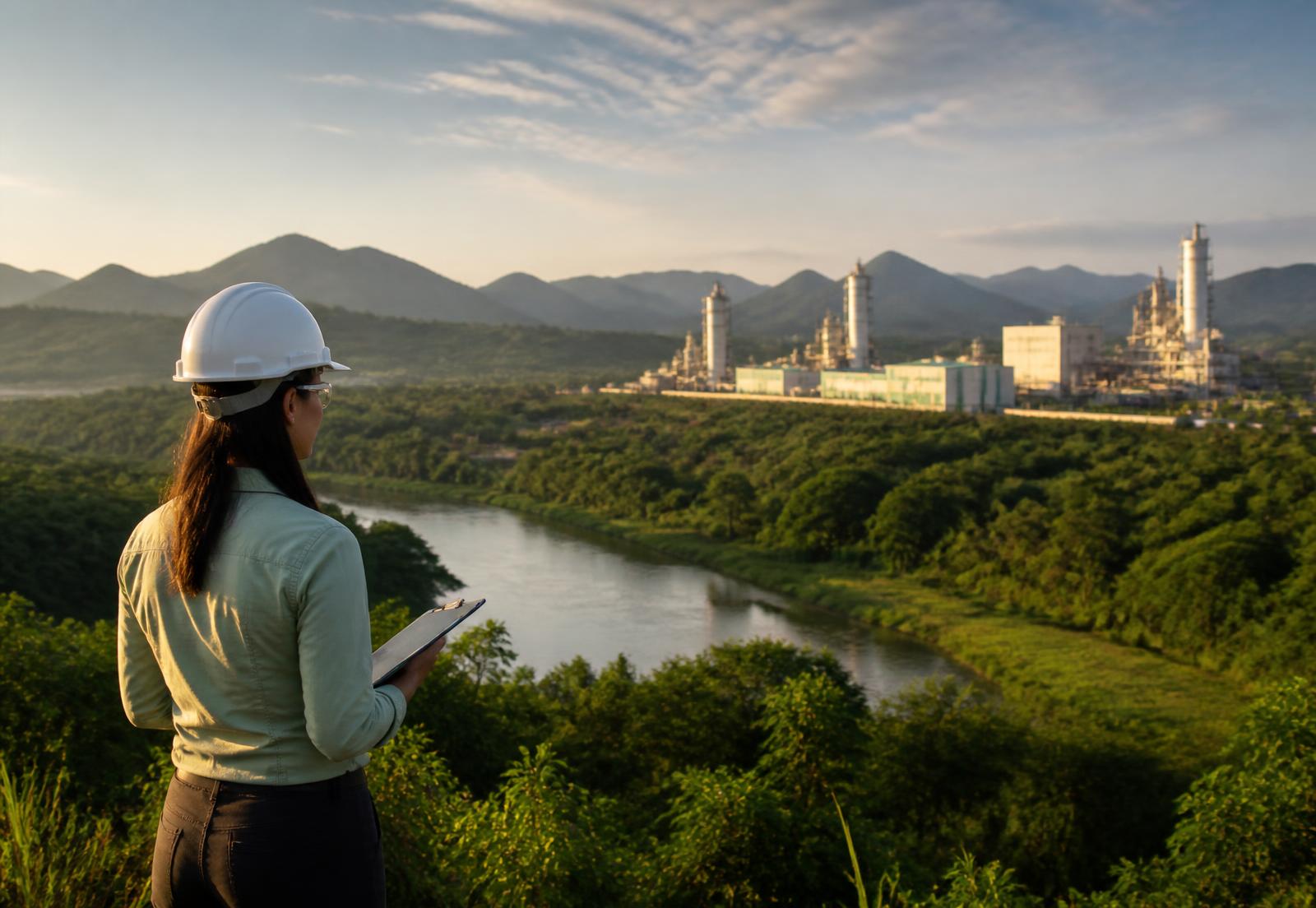 Consultora ambiental em campo observando área de vegetação nativa, rio e empreendimento industrial ao fundo